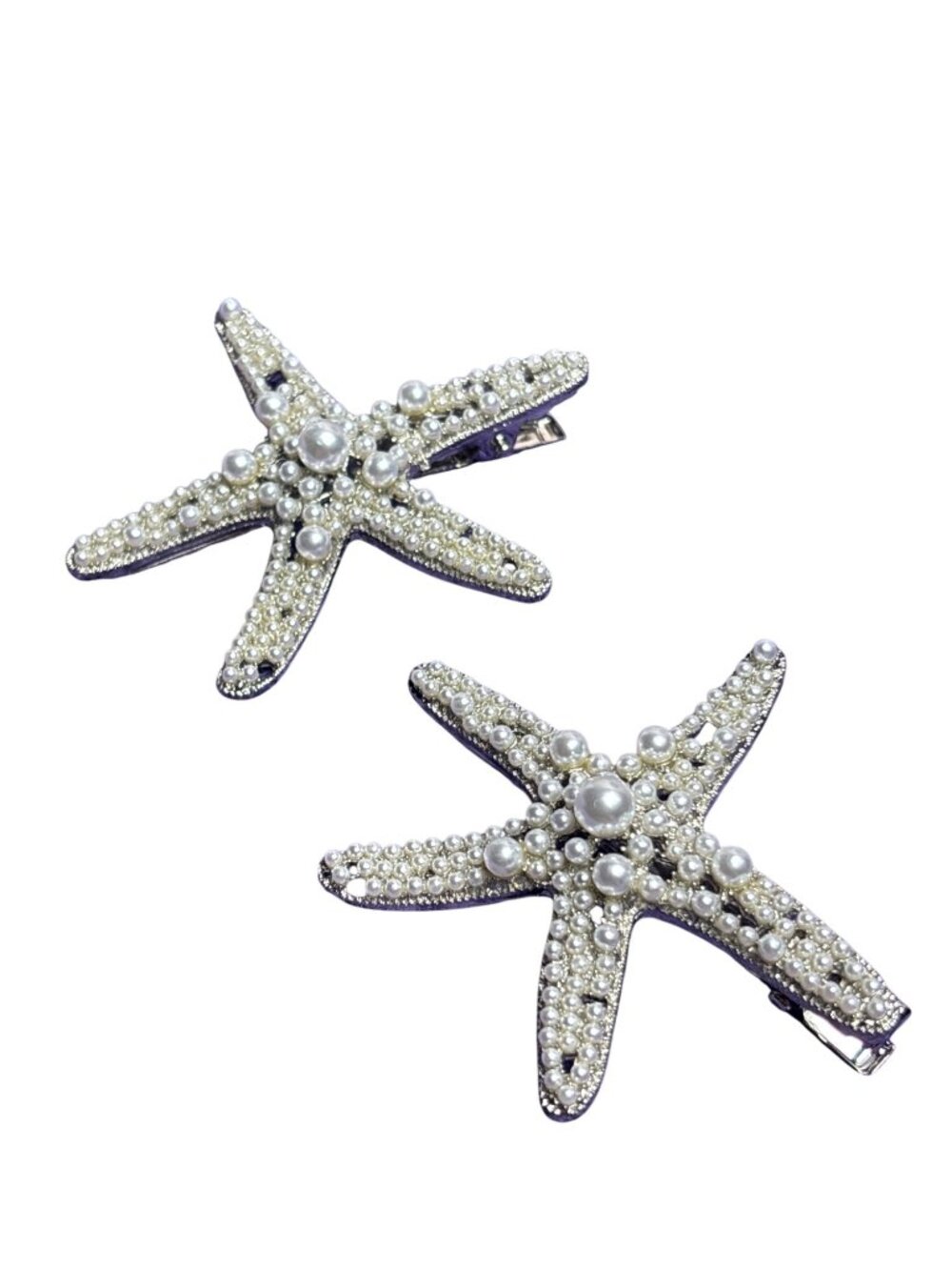 Vintage Y2K Set of 2 Starfish Hair Clips Faux Pearls Silvertone 2.5 inches